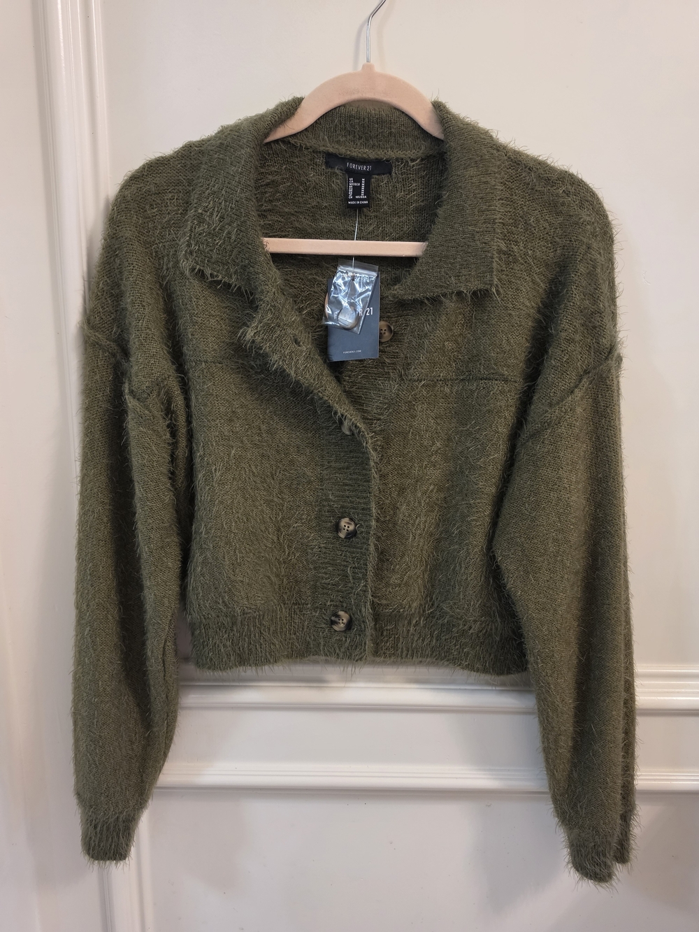Forever 21 Olive Green Fuzzy Cropped Button-Front Teddy Jacket